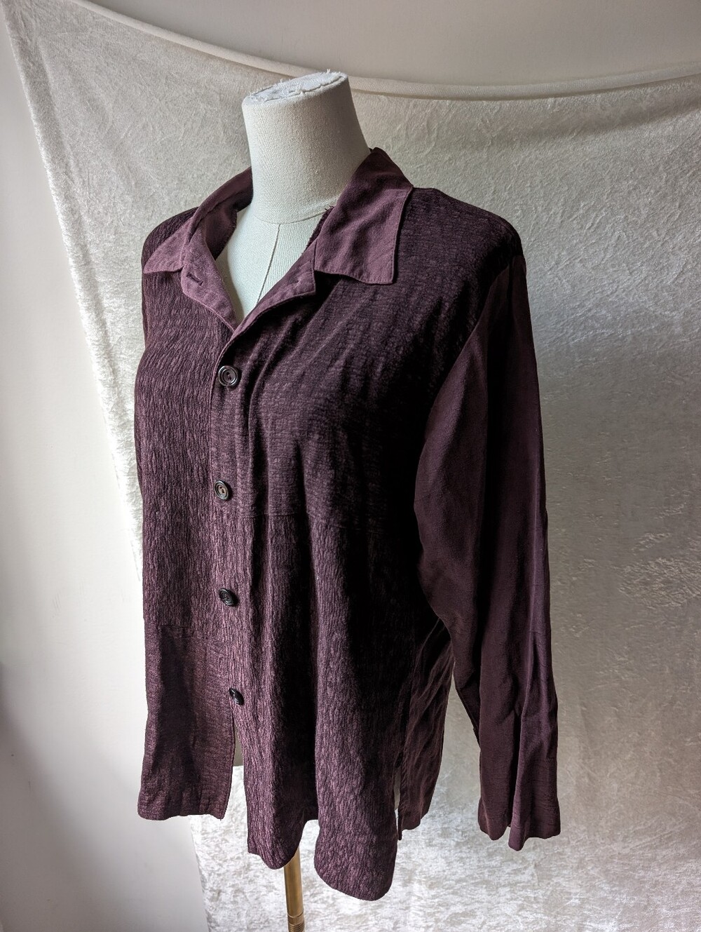 Vtg Tencel Textured Deep Dark Purple Caribe Small Button Down Long Sleeve